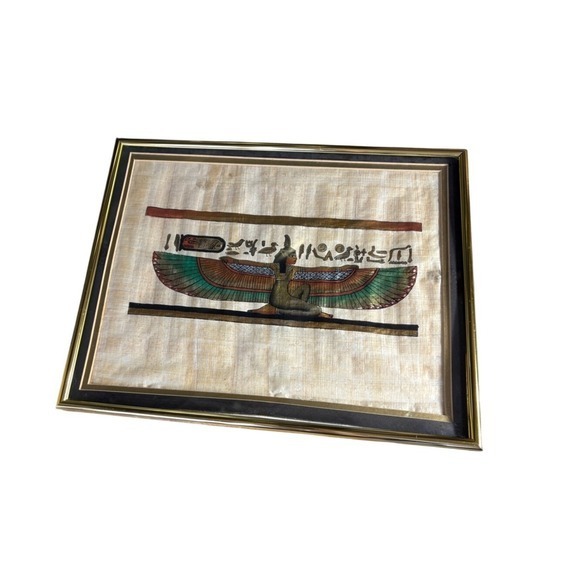 Vintage Egyptian Winged Maat Goddess Painting Framed Papyrus Art Ancient Decor